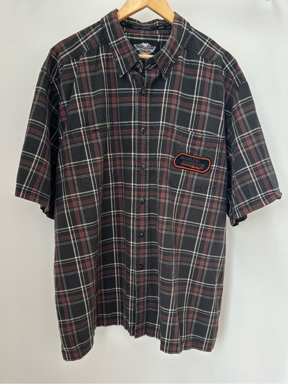 Harley-Davidson Racing Plaid Button Down Short Sleeve Shirt Mens 2XL (28x31)